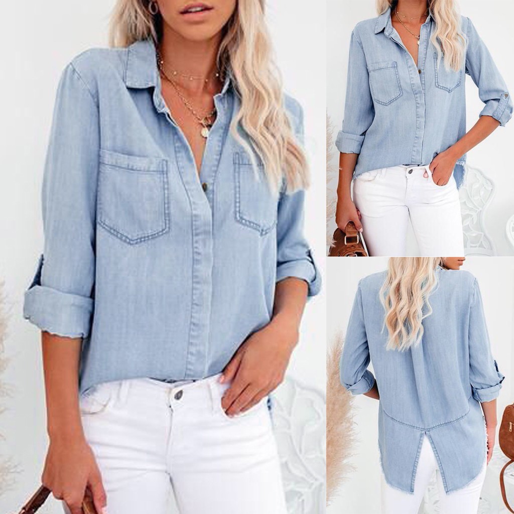 Womens Button Down V Neck Denim Shirts Long Sleeve Blouse Roll Up Cuffed Sleeve Casual Work Plain Tops with Pockets